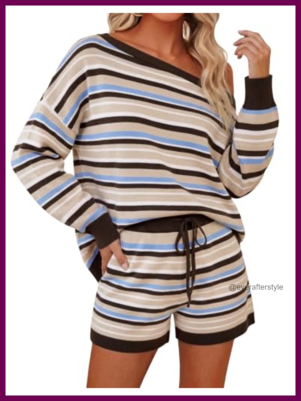 ZESICA 2pc Striped Knit Lounge Set - Off Shoulder Sweater & High Waist Shorts